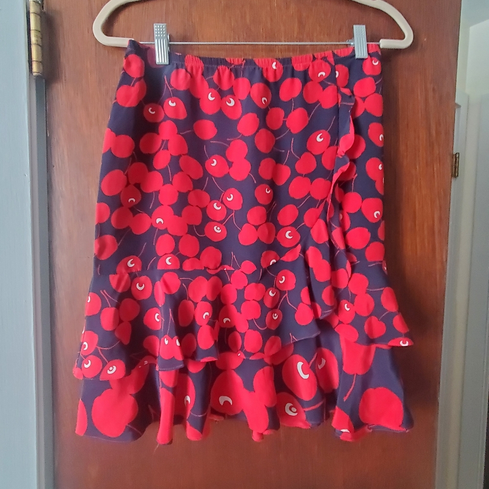 Nanette Lepore 100% Silk Cherry Ruffled Skirt
